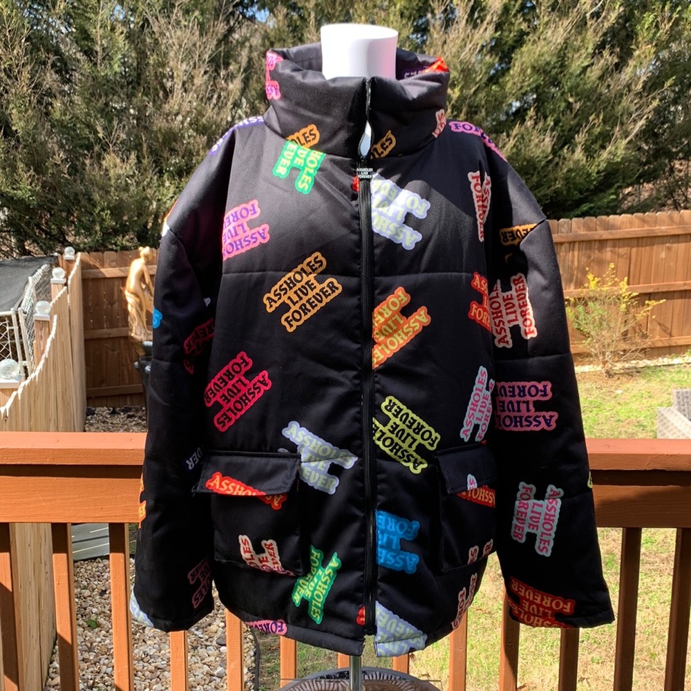 ALF Unisex Black Multicolor Logos Heavyweight Puffer Jacket | XXL